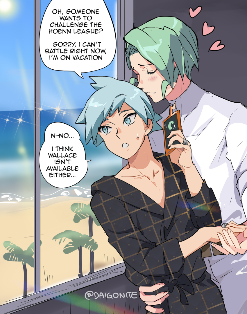 2boys alternate_costume belt blush closed_eyes commentary day english_text goro_orb green_hair highres holding holding_hands holding_phone jewelry male_focus multiple_boys nintendo palm_tree pants phone pokemon pokemon_oras ring sand shirt shore short_hair sky smile speech_bubble steven_stone sun sweatdrop talking_on_phone tree twitter_username wallace_(pokemon) water watermark white_shirt window yaoi