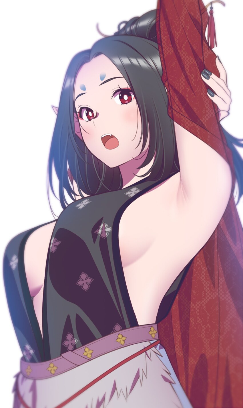 1girl andrian_januar_adilia arm_behind_head arm_up armpits black_hair black_myth:_wukong black_nails breasts center_opening chinese_clothes commentary english_commentary facial_tattoo fang forehead highres indonesian_commentary looking_at_viewer medium_breasts mixed-language_commentary open_mouth parted_bangs pingping_(black_myth:_wukong) pointy_ears red_eyes sideboob solo tattoo teeth upper_body upper_teeth_only white_background