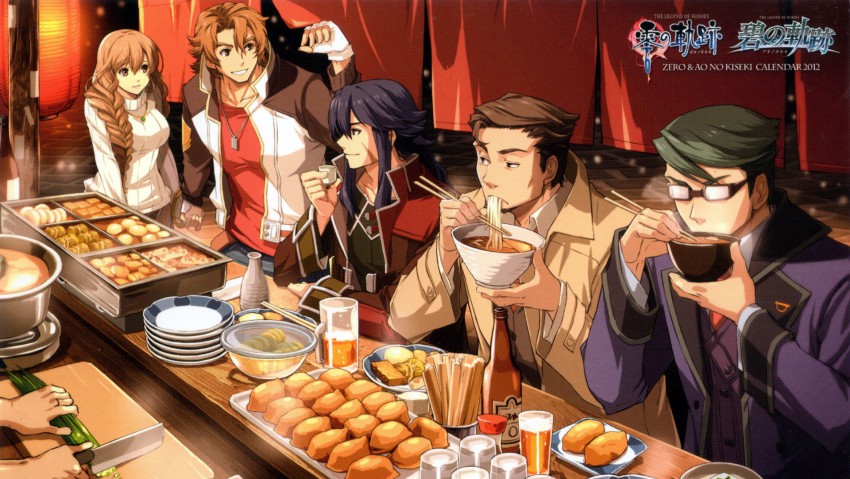 10s 1girl 2012 4boys alcohol alex_dudley ao_no_kiseki arios_maclaine beer brown_hair cecile_neues chopsticks eating eiyuu_densetsu enami_katsumi falcom feast food food_stand glasses guy_bannings highres jacket multiple_boys noodles oden ramen sergei_lou smile sushi zero_no_kiseki