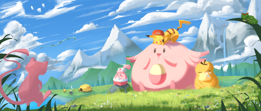 :d caterpie chair chansey cloud commentary_request cooking_pot day egg fang game_freak gen_1_pokemon gen_3_pokemon gen_4_pokemon grass happiny hat highres leaf legendary_pokemon magikarp mew_(pokemon) mountain mythical_pokemon nichika_yuu nintendo no_humans open_mouth outdoors pikachu pokemon pokemon_(creature) psyduck rayquaza red_hat rock sitting skin_fang sky smile tent tree water