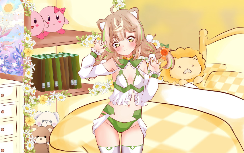 1girl absurdres animal_ears bed belly blush book breasts commission cupboard daisy_dandelion flat_chest flower green_panties highres chromashift indoors knee_up knees_up looking_at_viewer navel nose panties pillow small_breasts smile solo standing stuffed_toy thighhighs thighs underwear virtual_youtuber