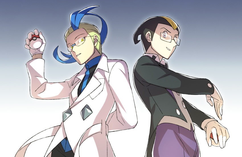 2boys arm_behind_back black_hair blonde_hair blue_hair buttons colress_(pokemon) darach_(pokemon) from_below glasses gloves highres holding holding_poke_ball lab_coat long_sleeves looking_at_viewer male_focus momoji_(lobolobo2010) multicolored_hair multiple_boys nintendo pants parted_lips poke_ball poke_ball_(basic) pokemon pokemon_bw2 pokemon_dppt pokemon_platinum purple_pants short_hair two-tone_hair white_gloves yellow_eyes
