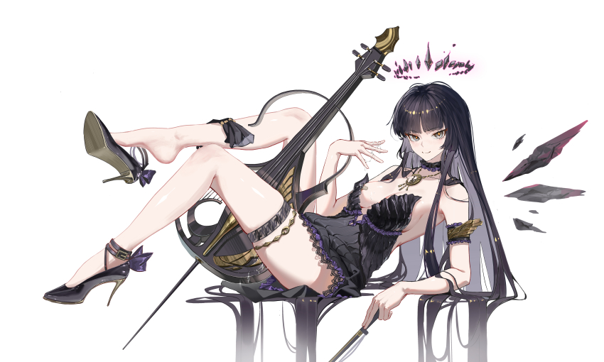 1girl absurdres arknights armlet bandaid bandaids_on_nipples bare_arms bare_legs bare_shoulders black_dress black_footwear black_hair black_halo bow bow_(music) breasts breasts_apart chinese_commentary choker colored_inner_hair commentary dress floating floating_object footwear_bow frilled_choker frills full_body gold_armlet gold_necklace grey_eyes hair_spread_out halo high_heels highres hime_cut holding holding_bow_(music) huade_xiami implied_after_masturbation instrument jewelry lace lace-trimmed_dress lace_trim legs_up long_hair looking_at_viewer lying medium_breasts multicolored_hair necklace on_back pasties purple_bow shoe_dangle shoe_soles short_dress simple_background single_bare_foot skindentation smile solo stiletto_heels straight_hair strapless strapless_dress strappy_heels striped_clothes striped_dress suggestive_fluid thigh_strap vertical-striped_clothes vertical-striped_dress very_long_hair virtuosa_(arknights) white_background
