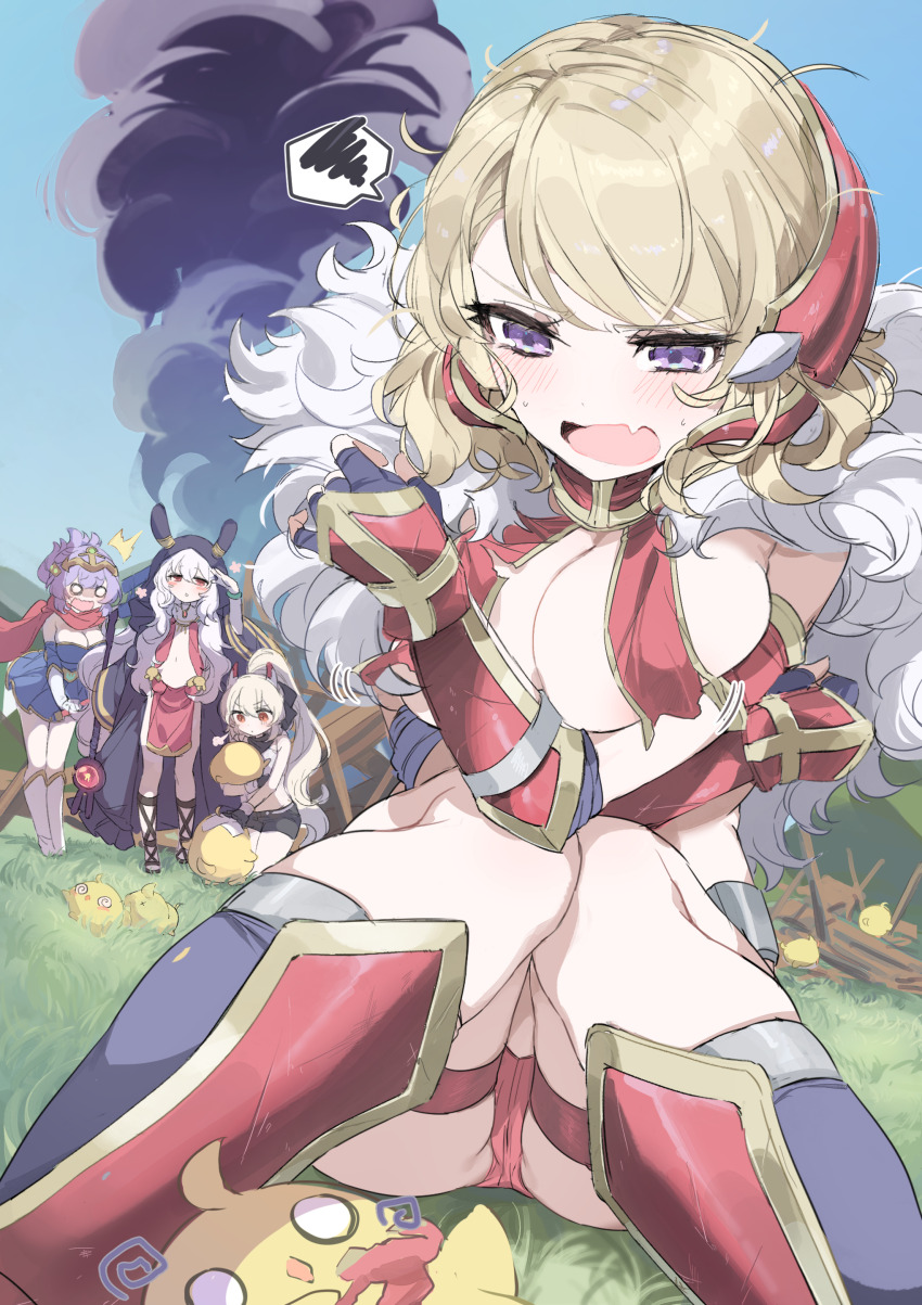 4girls absurdres areola_slip armor ayanami_(azur_lane) ayanami_(dynamic_kick!)_(azur_lane) azur_lane black_shorts blonde_hair blue_dress blue_sky blush breasts cleavage cloak commentary_request dress dutch_angle fang fantasy flat_chest gauntlets grass greaves high_ponytail highres javelin_(a_legend_is_born?!)_(azur_lane) javelin_(azur_lane) laffey_(azur_lane) laffey_(sleepageddon)_(azur_lane) large_breasts long_hair manjuu_(azur_lane) medium_hair multiple_girls navel official_alternate_costume orange_eyes outdoors paid_reward_available pelvic_curtain ponytail purple_eyes purple_hair red_eyes sandals shorts skin_fang sky spoken_squiggle squiggle stomach thigh_strap tiara torn_clothes urosu_(678_ner) wardrobe_malfunction white_hair z23_(azur_lane) z23_(upgrade_failure?!)_(azur_lane)