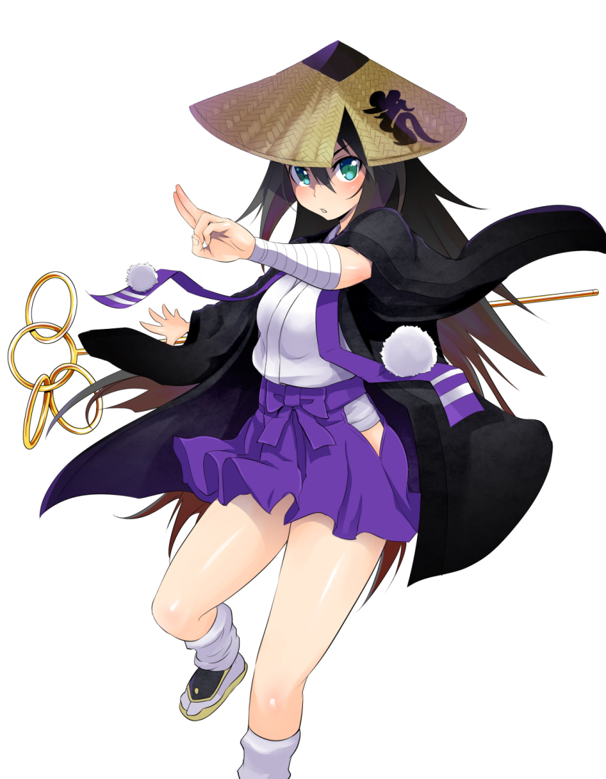 1girl black_hair character_request dungeons_&amp;_princess female_focus green_eyes hat highres hip_vent long_hair long_sleeves skirt solo staff takashi_moritaka wide_sleeves
