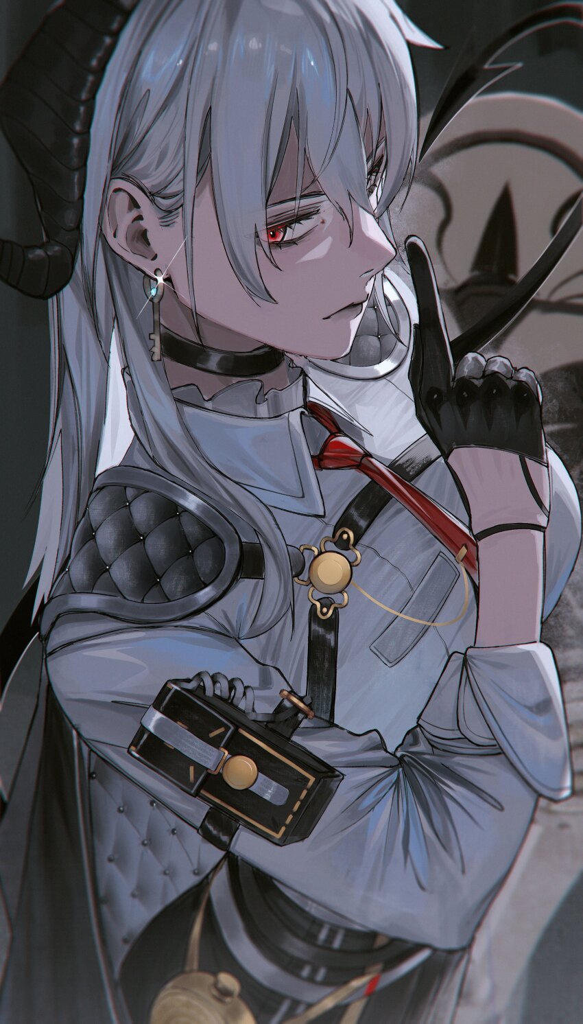1girl absurdres arm_pouch bags_under_eyes black_choker black_gloves black_horns black_jacket black_pants black_pouch black_tail chest_harness choker closed_mouth collared_shirt commentary curled_horns demon_tail earrings english_commentary finger_to_mouth gloves grey_hair hair_between_eyes hand_up harness highres horns jacket jacket_on_shoulders jewelry key_earrings long_hair looking_at_viewer lufi_ays necktie pants red_eyes red_necktie shirt shirt_tucked_in shushing solo tail white_shirt wuthering_waves zani_(wuthering_waves)