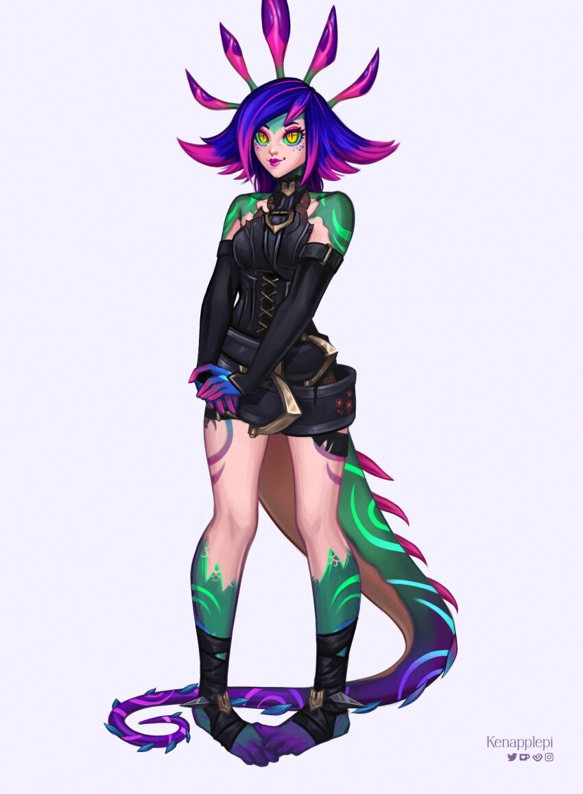 1girl absurdres artist_name bare_shoulders black_sleeves briar_(league_of_legends) briar_(league_of_legends)_(cosplay) colored_skin cosplay detached_sleeves flipped_hair freckles full_body green_skin highres kenapplepi league_of_legends lizard_tail multicolored_hair neeko_(league_of_legends) pink_hair pink_skin purple_hair purple_skin reptile_girl slit_pupils smile solo standing tail twitter_logo two-tone_hair yellow_eyes