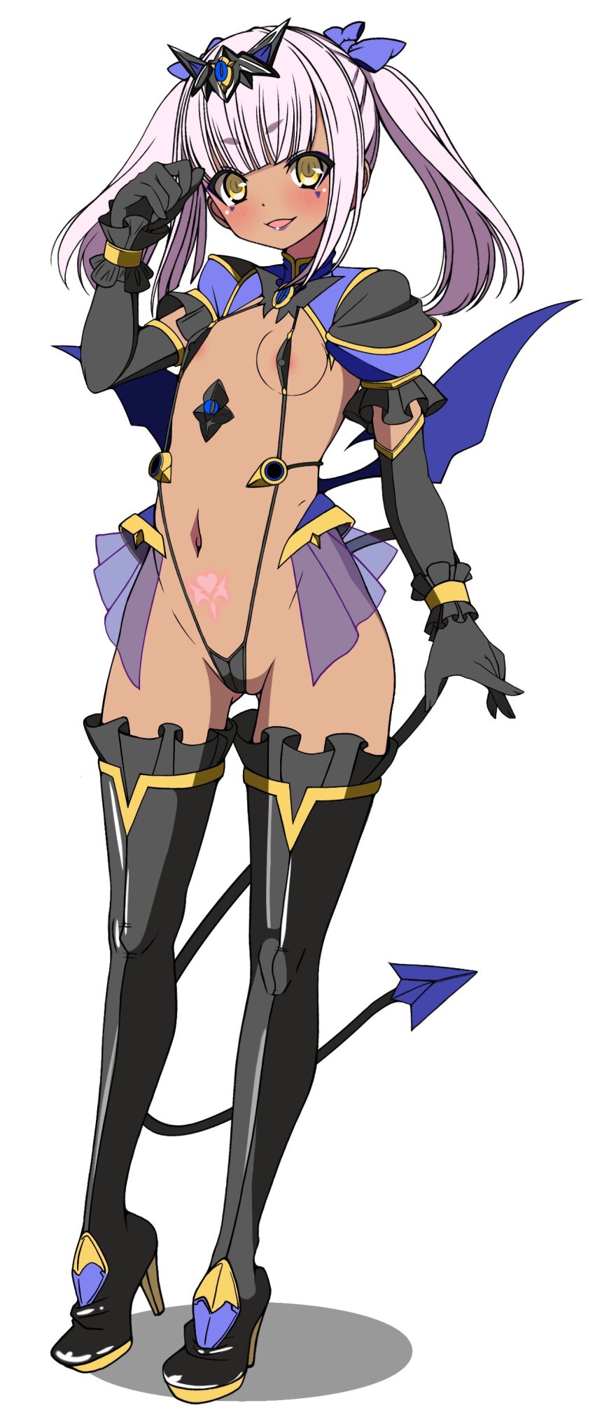 1girl absurdres black_gloves blush boots breasts corruption covered_erect_nipples dark-skinned_female dark_persona dark_skin demon_girl demon_tail demon_wings elbow_gloves frozen_gingasan full_body gloves gunslinger_stratos high_heels highres long_hair looking_at_viewer navel open_mouth paw_pose pink_hair pubic_tattoo revealing_clothes rindou_shizune simple_background slave_gear slingshot_swimsuit small_breasts smile solo standing swimsuit tail tattoo thigh_boots thighhighs ts_magical_girl_nao twintails white_background wings yellow_eyes