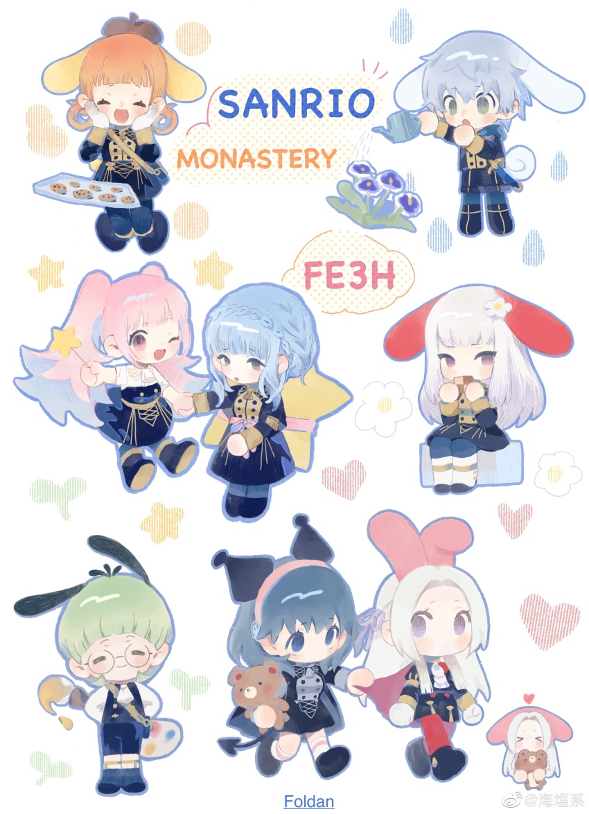 2boys 6+girls absurdres bear chibi chibi_only cookie edelgard_von_hresvelg female_byleth_(fire_emblem) fire_emblem fire_emblem:_three_houses flower food garreg_mach_monastery_uniform green_hair highres hilda_valentine_goneril long_hair lysithea_von_ordelia marianne_von_edmund multiple_boys multiple_girls nintendo paintbrush purple_eyes rerain sanrio white_hair