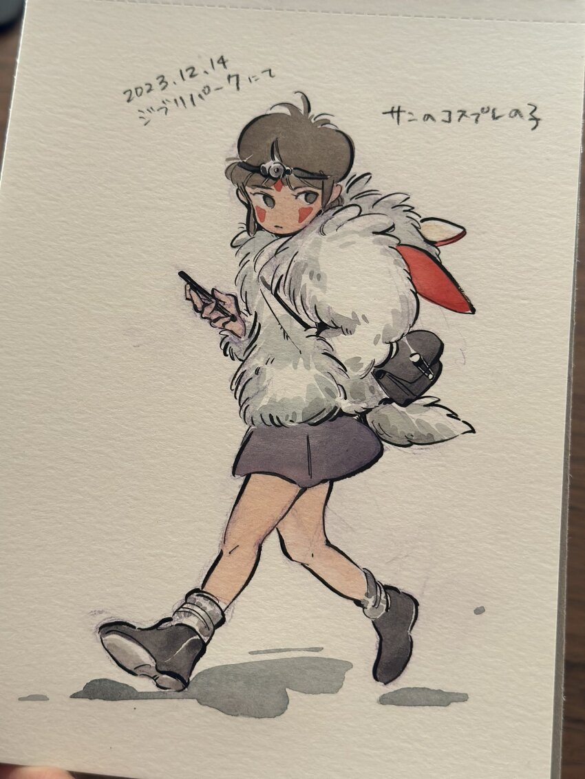 1girl black_hair boots circlet closed_mouth coat commentary_request dated facepaint full_body fur_coat hand_in_pocket highres holding holding_phone looking_to_the_side mononoke_hime peach_momoko phone san_(mononoke_hime) short_hair skirt solo traditional_media walking white_coat