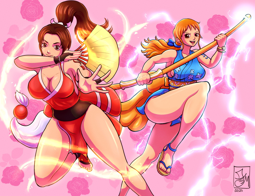 2girls breasts crossover fatal_fury highres large_breasts long_hair metalytar multiple_girls nami_(one_piece) ninja one_piece shiranui_mai thighs