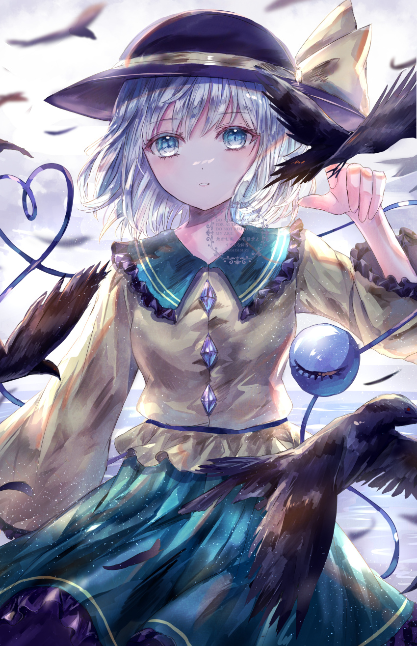 1girl absurdres animal animal_on_hand bird bird_on_hand black_bird black_hat blouse blue_eyes bow buttons commentary cowboy_shot crow diamond_button frilled_shirt_collar frilled_sleeves frills green_skirt grey_hair hat hat_bow hat_ribbon heart heart_of_string highres komeiji_koishi long_sleeves looking_at_viewer ribbon shirt short_hair skirt solo suzushina third_eye touhou wide_sleeves yellow_bow yellow_ribbon yellow_shirt