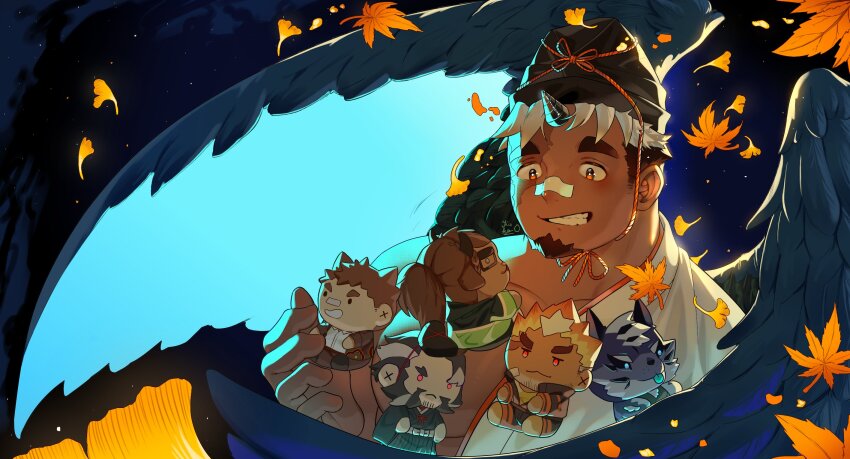 1boy akiha_gongen_(housamo) autumn_leaves bandages bandaid bandaid_on_face bandaid_on_nose catoblepas_(housamo) character_doll daikoku_(housamo) doll ginkgo_leaf glowing highres horns kiekoio leaf male_focus maple_leaf neon_lights protagonist_1_(housamo) single_horn stuffed_toy tengu tindalos_(housamo) tokyo_houkago_summoners wings
