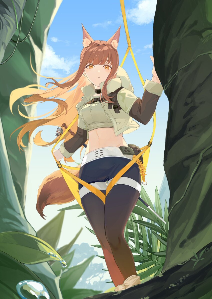 1girl animal_ear_fluff animal_ears arknights bike_shorts brown_hair brown_pantyhose brown_tail charm_(object) commentary crop_top cropped_jacket cropped_shirt day felsushi2 fox_ears fox_girl fox_tail franka_(arknights) franka_(rainforest_me_rainbow)_(arknights) grey_jacket grey_shirt highres jacket light_blush liskarm_(arknights) long_hair long_sleeves midriff navel official_alternate_costume open_clothes open_jacket orange_eyes outdoors pantyhose parted_lips plant shirt solo standing tail tree water water_drop wind