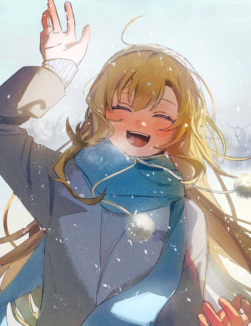 1boy arm_up bare_tree blonde_hair blue_scarf blush closed_eyes commentary_request crossdressing day facing_viewer grey_jacket hair_between_eyes highres jacket long_hair long_sleeves male_focus ni_22 nijisanji open_mouth outdoors scarf sleeves_past_wrists snow snowing solo trap tree upper_body uzuki_kou very_long_hair virtual_youtuber
