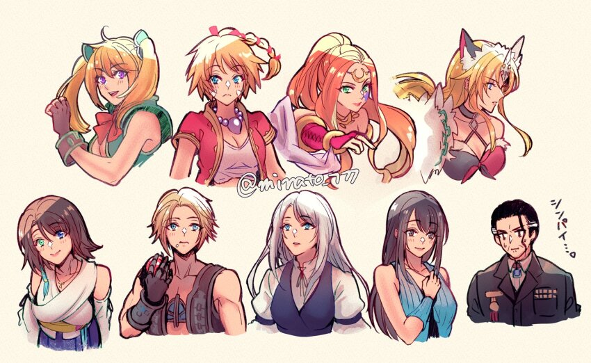 2boys 6+girls aqua_eyes black_eyes black_hair blonde_hair blue_eyes blush braid breasts brown_gloves brown_hair character_request chrono_cross closed_mouth commentary_request company_connection cropped_torso crossover dress eating facial_mark father_and_daughter final_fantasy final_fantasy_viii final_fantasy_x final_fantasy_xii final_fantasy_xvi fingerless_gloves food food_on_face fruit gloves green_eyes grey_hair hand_on_own_chest heterochromia holding holding_food holding_fruit jill_warrick kid_(chrono_cross) lips medium_breasts miki_(chrono_cross) minato_(ct_777) multiple_boys multiple_girls orange_hair orlha_(chrono_cross) pink_lips ponytail purple_eyes riesz rinoa_heartilly seiken_densetsu seiken_densetsu_3 short_hair simple_background sleeveless sleeveless_dress square_enix sweat translation_request twintails twitter_username vaan_(ff12) white_background yuna_(ff10)