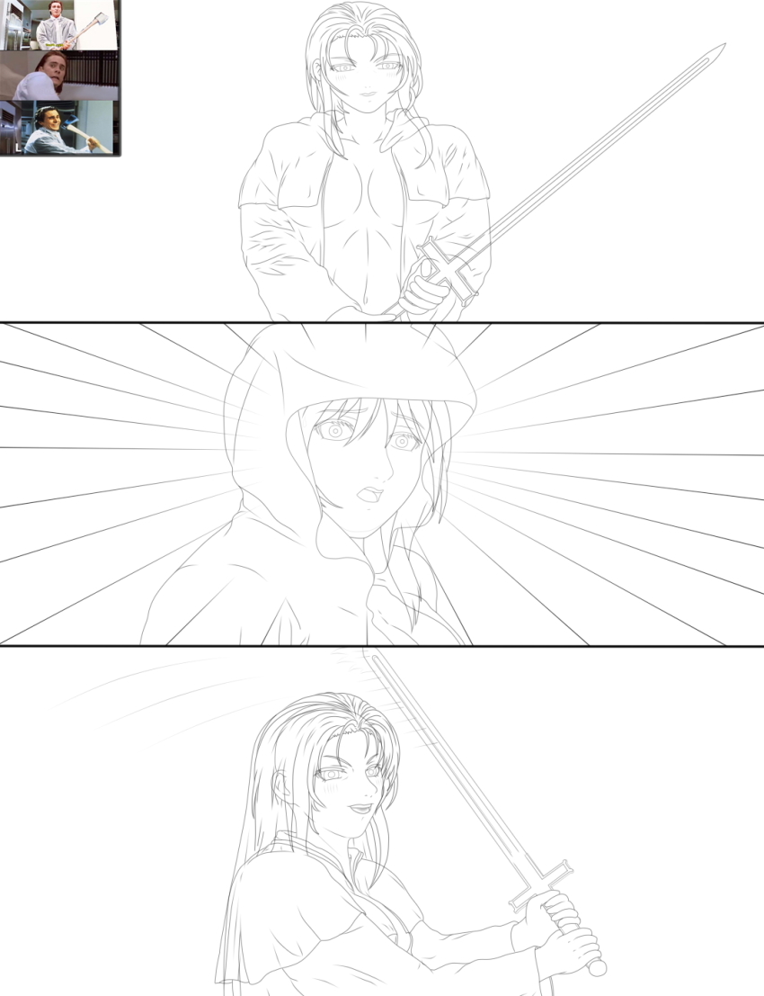 american_psycho american_psycho_(meme) betrayal bible_black bible_black_gaiden bible_black_origin breasts curvy highres kozono_nami large_breasts meme ritual smile sword weapon witch