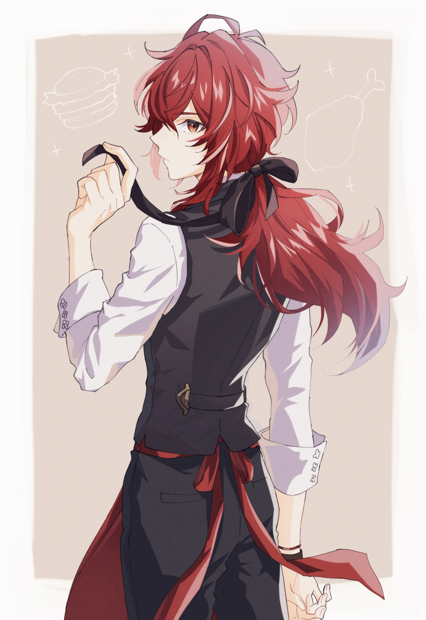 1boy absurdres alternate_costume apron black_pants black_ribbon black_vest burger chicken_(food) closed_mouth commentary_request cowboy_shot diluc_(genshin_impact) diluc_(kfc)_(genshin_impact) employee_uniform fast_food_uniform food fried_chicken from_behind genshin_impact hair_between_eyes hair_ribbon highres holding holding_ribbon kfc long_hair looking_at_viewer looking_back male_focus mizuamememe official_alternate_costume pants pocket ponytail red_apron red_eyes red_hair ribbon shirt sleeve_cuffs solo sparkle standing vest waist_apron white_shirt wristband