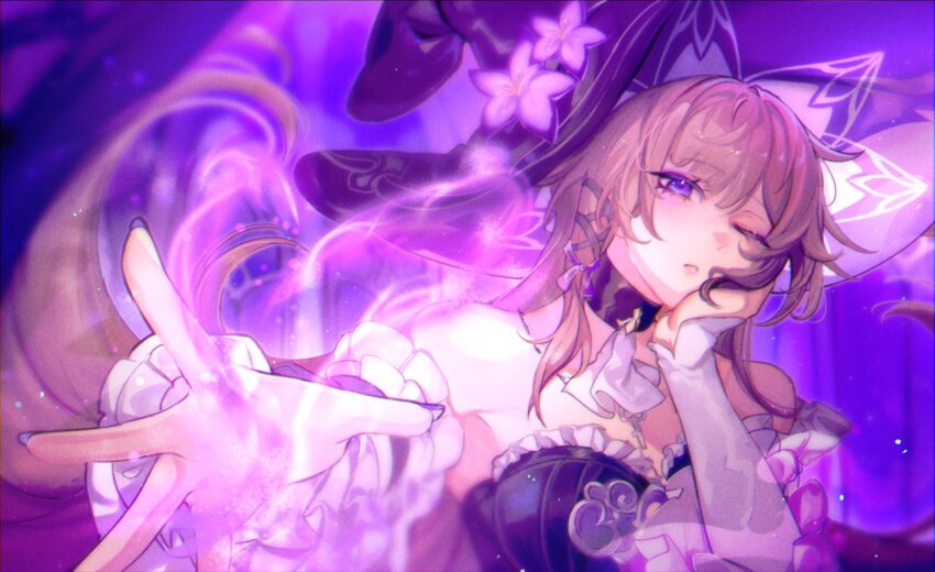 1girl ;&lt; ascot bare_shoulders black_choker black_dress brown_hair choker detached_sleeves dress evuu flower hair_ribbon hand_on_own_cheek hand_on_own_face hands_up hat hat_flower herta_(honkai:_star_rail) highres honkai:_star_rail honkai_(series) long_hair looking_at_viewer magic open_hand outstretched_arm purple_background purple_eyes purple_flower purple_hat purple_nails purple_ribbon ribbon solo the_herta_(honkai:_star_rail) upper_body white_ascot witch_hat