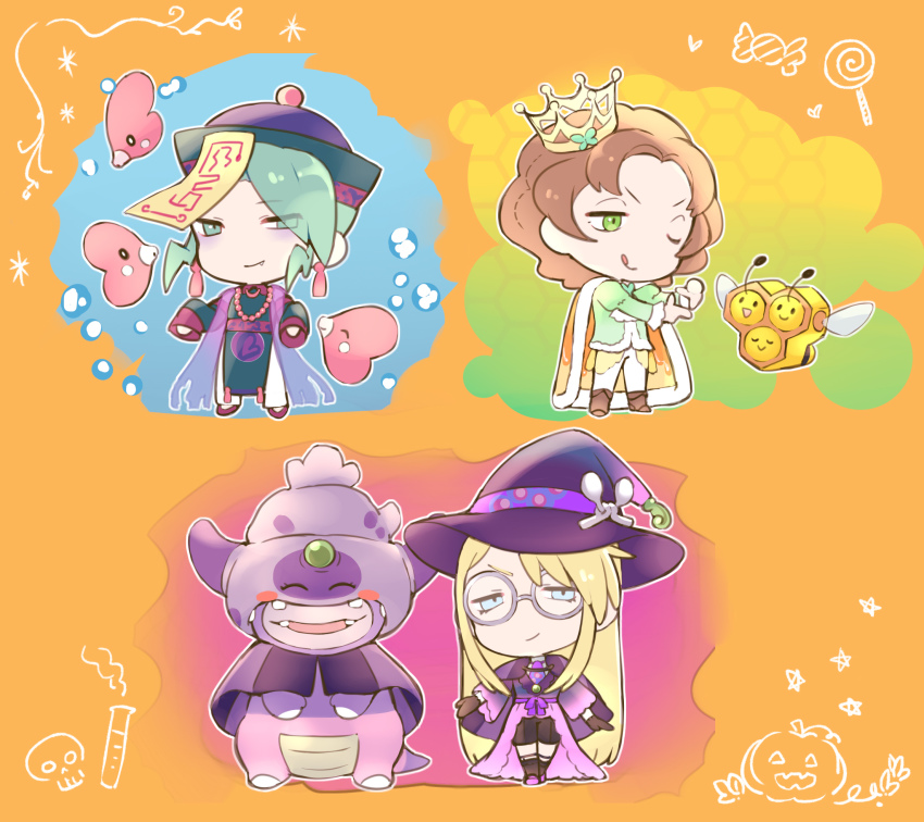 3boys :q alternate_costume avery_(pokemon) blonde_hair blue_eyes brown_hair burgh_(pokemon) chibi closed_mouth combee commentary_request crown fang fang_out finger_frame galarian_slowking gen_3_pokemon gen_4_pokemon glasses green_eyes green_hair halloween hat highres long_hair long_sleeves luvdisc male_focus mini_crown multiple_boys nintendo one_eye_closed pokemon pokemon_(creature) pokemon_bw pokemon_oras pokemon_swsh round_eyewear smile standing tongue tongue_out tudurimike wallace_(pokemon) witch_hat