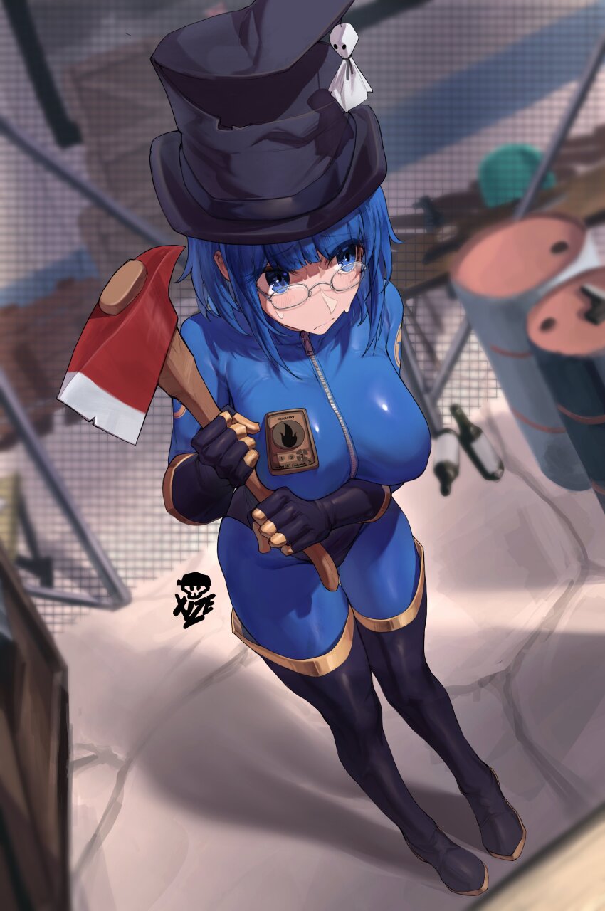 1girl absurdres axe black_gloves blu_pyro_(tf2) blue_bodysuit blue_eyes blue_hair blurry blurry_background bob_cut bodysuit boots bottle breasts closed_mouth commission full_body genderswap genderswap_(otf) glasses gloves gun handgun highres holding holding_axe holding_weapon large_breasts latex latex_bodysuit latex_boots medal pyro_(tf2) shadow short_hair solo standing team_fortress_2 thigh_boots weapon xize9247 zipper