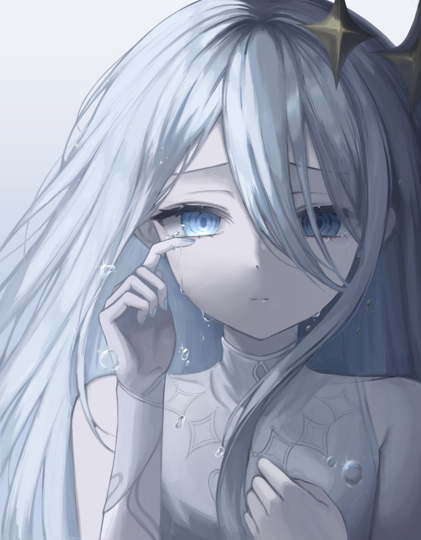1girl absurdres bare_shoulders bloom_festival_(project_sekai) blue_eyes closed_mouth crying crying_with_eyes_open dress expressionless grey_hair hair_between_eyes hand_on_own_chest highres kkamkkam long_hair long_hair_between_eyes looking_at_viewer portrait project_sekai ringed_eyes sleeveless sleeveless_dress solo tears white_background white_dress wiping_tears yoisaki_kanade