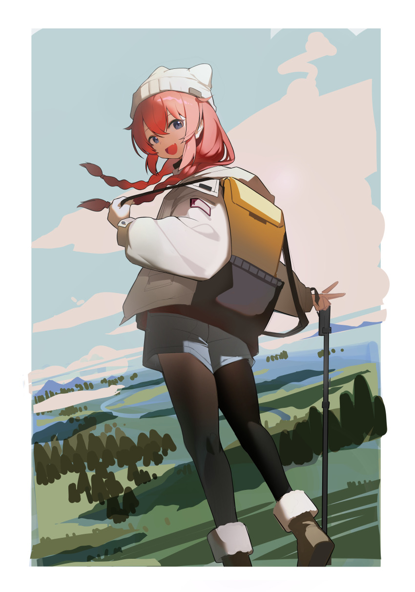 1girl absurdres bag black_pantyhose blue_archive blue_eyes blue_shorts boots braid brown_boots day hat highres jacket long_hair long_sleeves maki_(blue_archive) maki_(camp)_(blue_archive) official_alternate_costume official_alternate_hairstyle open_clothes open_jacket outdoors pantyhose red_hair shorts shuishi_tidu solo twin_braids white_hat white_jacket