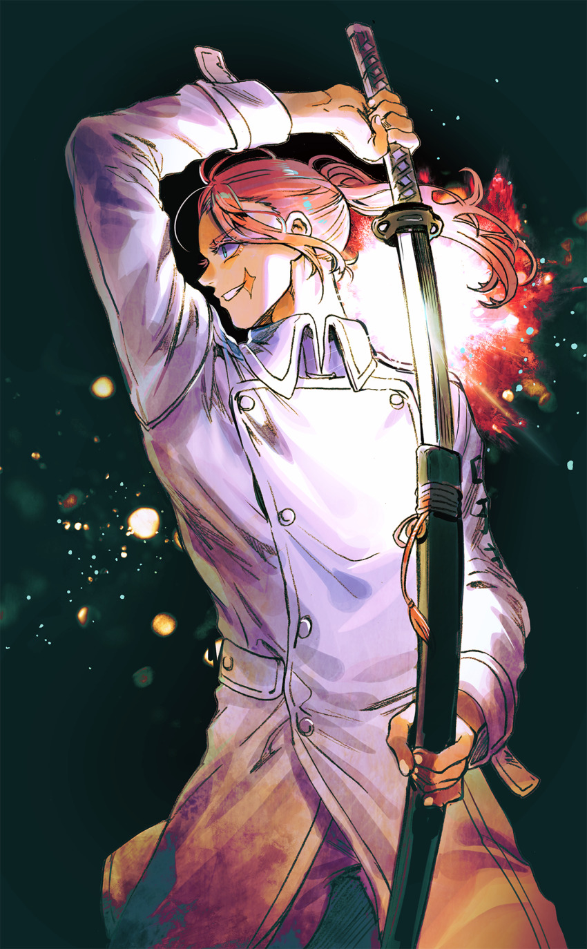 1boy aqua_eyes arm_up bae_(baebae) bangs_pinned_back coat collared_coat cowboy_shot evil_smile fingernails highres holding holding_sheath holding_sword holding_weapon katana light_rays looking_to_the_side male_focus ponytail sanzu_haruchiyo scar scar_on_face sheath simple_background smile solo sword teeth tokyo_revengers weapon white_coat wind