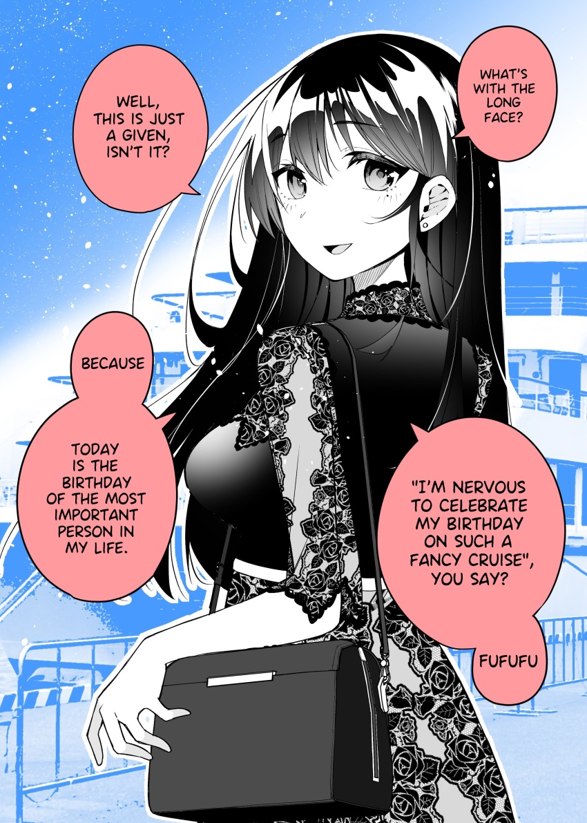 1girl :d absurdres bag blue_background breasts colored_speech_bubble commentary cruise_ship earrings english_commentary english_text greyscale_with_colored_background hair_between_eyes hard-translated highres jewelry lace lace_skirt lace_sleeves large_breasts long_hair looking_at_viewer looking_back maika_(ogata) ogata_(ogt_illust) open_mouth original outdoors shoulder_bag smile solo speech_bubble stud_earrings third-party_edit