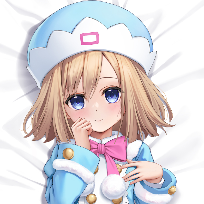 1girl blue_coat blue_eyes blue_hat bow bowtie brown_hair closed_mouth coat dakimakura_(medium) fur-trimmed_coat fur_trim hand_up hat highres keine09 medium_hair neptune_(series) pink_bow pink_bowtie pom_pom_(clothes) rom_(neptunia) smile solo upper_body