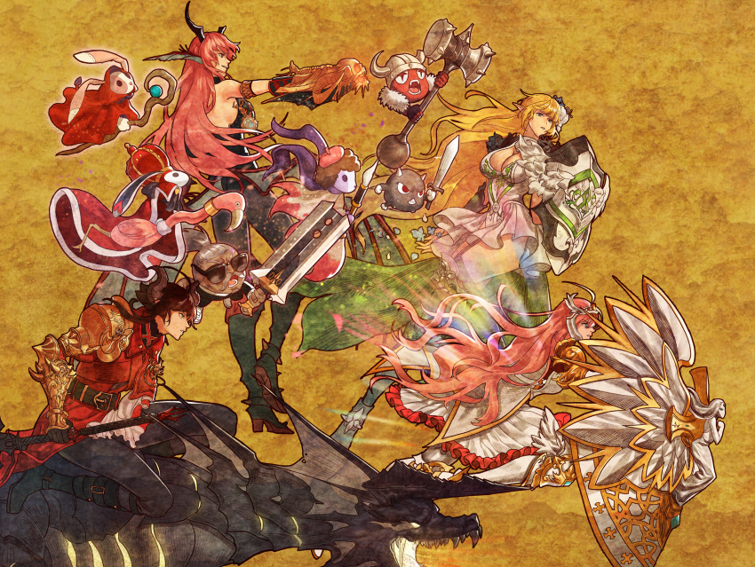 1boy 3girls ahoge arm_armor armlet armor bare_shoulders belt black_belt black_boots black_dragon black_gloves black_hair black_horns black_pants blonde_hair boots breasts character_request cleavage coat collared_coat commentary dragon dress dungeon_and_fighter english_commentary facial_hair fake_horns fingerless_gloves flower forehead_protector frilled_skirt frills from_side full_body glasses gloves gold_armor green_boots green_eyes green_pants green_skirt hair_ornament hammer helmet highres holding holding_hammer holding_polearm holding_shield holding_sword holding_weapon horned_helmet horns jewelry large_breasts long_hair looking_to_the_side medium_hair multiple_girls mustache open_mouth pants parted_lips pink_hair polearm red_coat red_eyes riding shield shoulder_armor sideboob skirt star-shaped_pupils star_(symbol) sword symbol-shaped_pupils teeth upper_body ven0305 weapon white_armor white_dress yellow_background