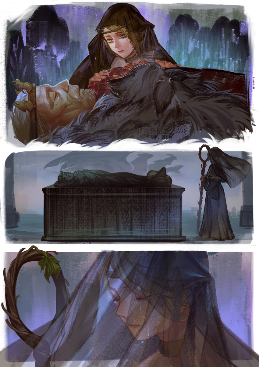 absurdres aged_up ambrosia_(dungeon_meshi) black_dress black_veil blonde_hair bright_pupils closed_eyes closed_mouth corpse crown crying dress dungeon_meshi earrings elf funeral green_eyes grey_hair highres holding holding_staff jewelry laios_touden lorein marcille_donato old old_man pointy_ears staff teardrop tears the_lord_of_the_rings tolkien&#039;s_legendarium tolkien&#039;s_legendarium veil white_pupils