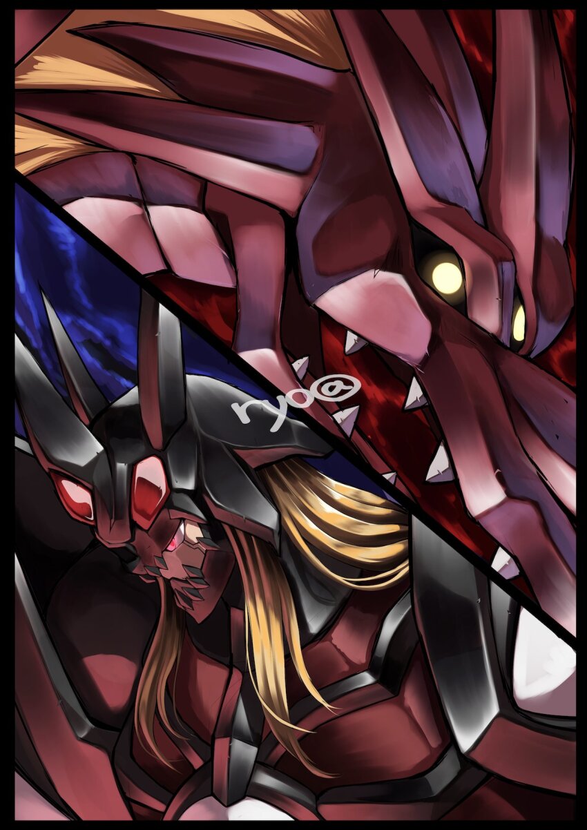 armor black_helmet blonde_hair digimon digimon_(creature) digimon_frontier duskmon helmet highres red_eyes sharp_teeth skull teeth velgrmon