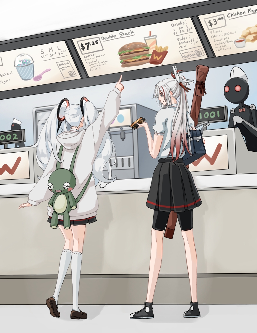 2girls 2others absurdres alpha_(pgr) alternate_costume bag black_credit_card black_shorts black_skirt blue_eyes commentary_request fast_food floating_headgear from_behind gradient_hair grey_hair grey_hoodie hair_ornament highres hood hood_down hoodie humanoid_robot long_hair long_sleeves alpha:_crimson_weave_(pgr) luna_(pgr) miniskirt multicolored_hair multiple_girls multiple_others plaid_clothes plaid_skirt pointing pointing_up ponytail punishing:_gray_raven red_hair robot shirt short_sleeves shorts shoulder_bag skirt streaked_hair trashpanda_11b twintails white_shirt