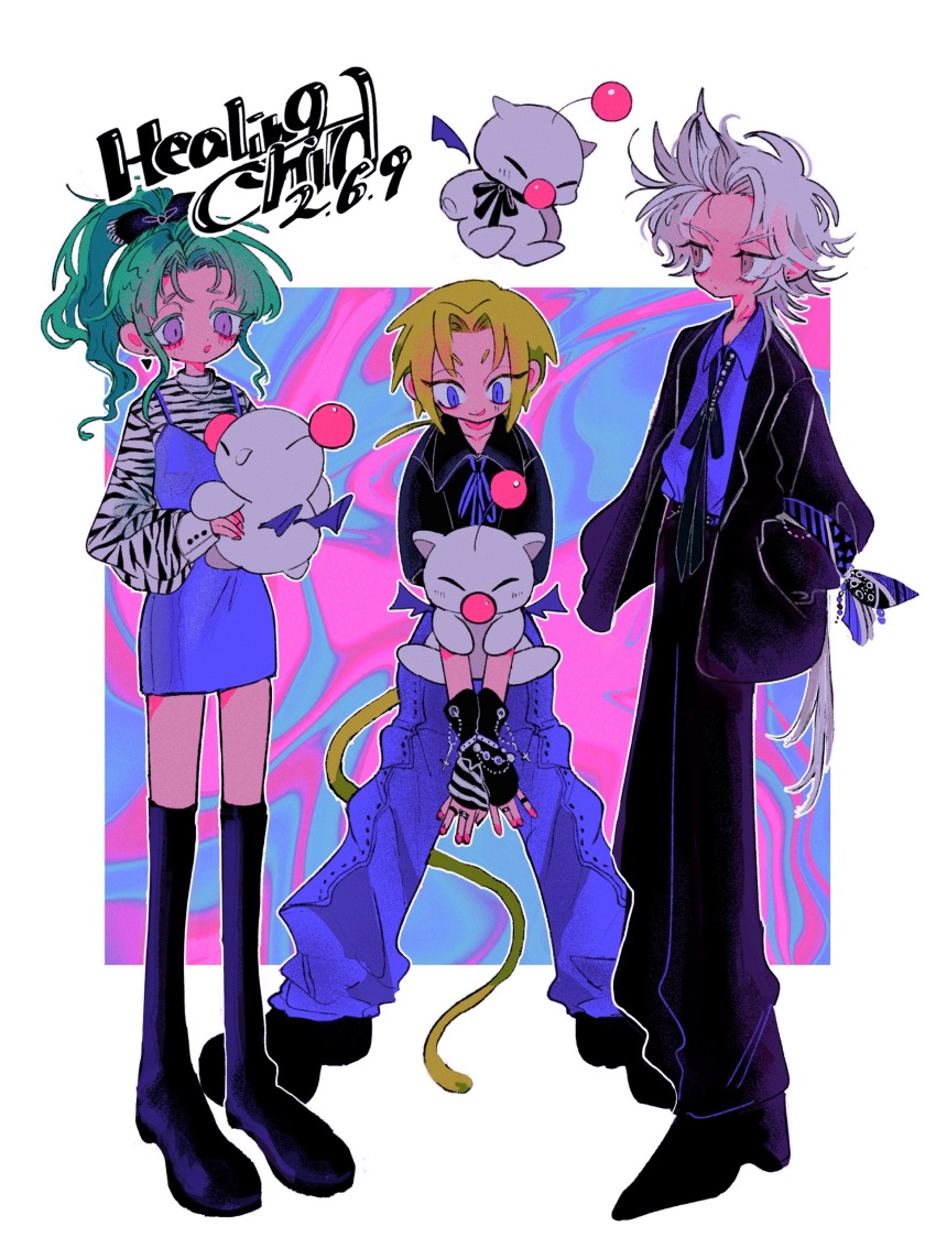 1girl 2boys absurdres alternate_costume animal_print apron baggy_pants black_boots black_gloves black_jacket black_necktie black_pants black_shirt blonde_hair blue_eyes boots collared_shirt colored_eyelashes cowlick creature curtained_hair dissidia_final_fantasy earrings english_text final_fantasy final_fantasy_ii final_fantasy_ix final_fantasy_vi fingerless_gloves firion gloves green_hair grey_hair hand_in_pocket highres holding holding_creature in-franchise_crossover jacket jewelry long_hair looking_at_another looking_at_creature monkey_tail moogle multiple_boys nayo_(kr_000515) necktie outline pants parted_bangs purple_apron purple_eyes purple_pants purple_ribbon purple_shirt red_nails ribbon shirt tail tina_branford very_long_hair white_outline zebra_print zidane_tribal