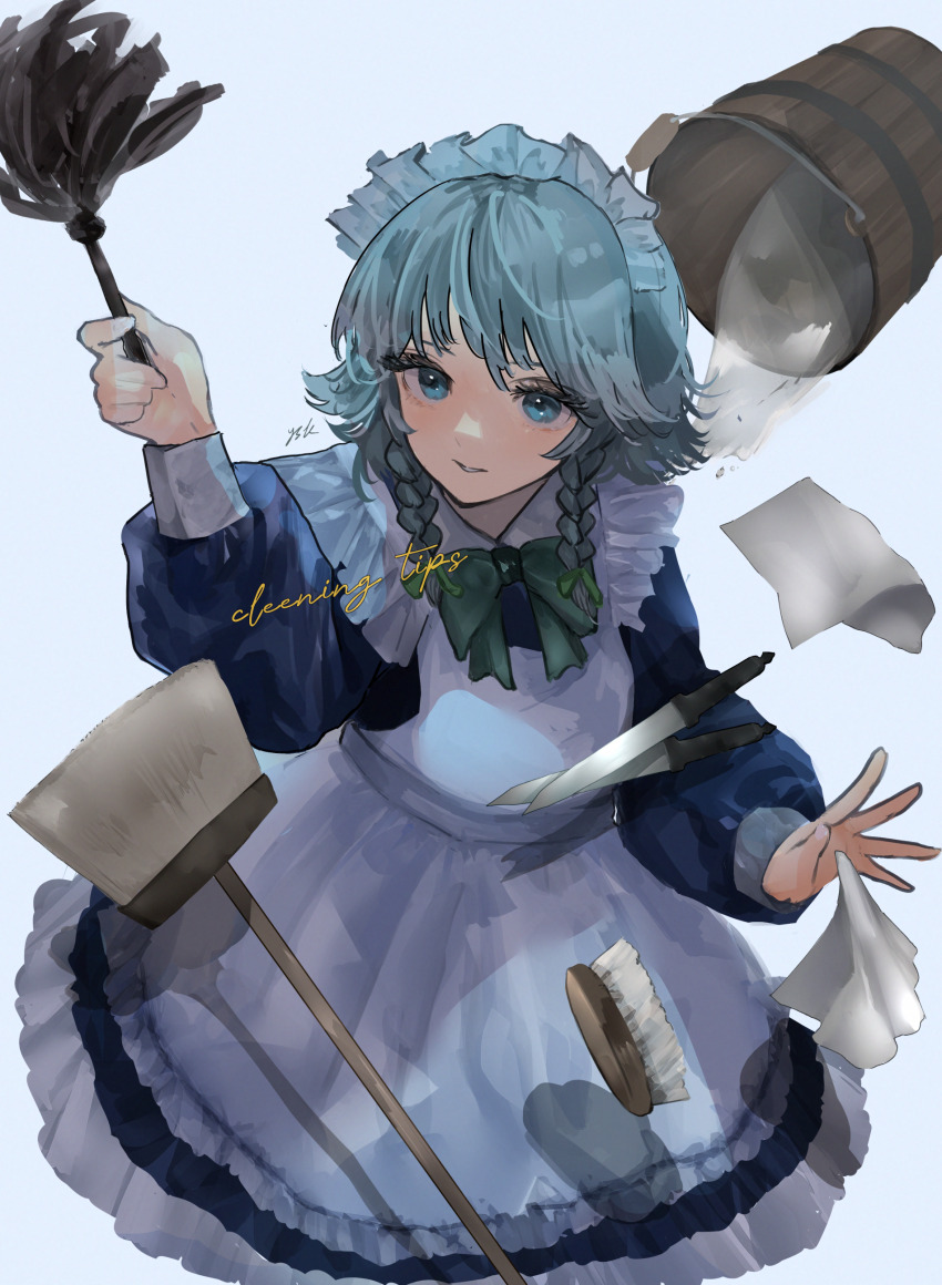 1girl absurdres apron blue_background blue_dress blue_eyes bow bowtie braid broom bucket cleaning cleaning_brush cleaning_rag commentary_request dress duster eneshi english_text frilled_apron frilled_dress frills green_bow green_bowtie grey_hair highres holding holding_duster izayoi_sakuya knife long_sleeves maid maid_apron maid_headdress mixed-language_commentary parted_lips partial_commentary puffy_long_sleeves puffy_sleeves short_hair signature simple_background solo touhou twin_braids water white_apron white_headdress