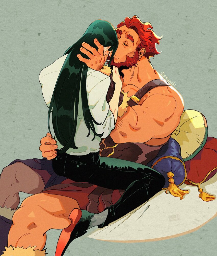 2boys artist_name beard chinese_commentary closed_eyes commentary_request facial_hair fate_(series) highres iskandar_(fate) kiss kissing_forehead long_hair lord_el-melloi_ii male_focus multiple_boys muscular muscular_male pegushi red_hair shirt waver_velvet white_shirt yaoi