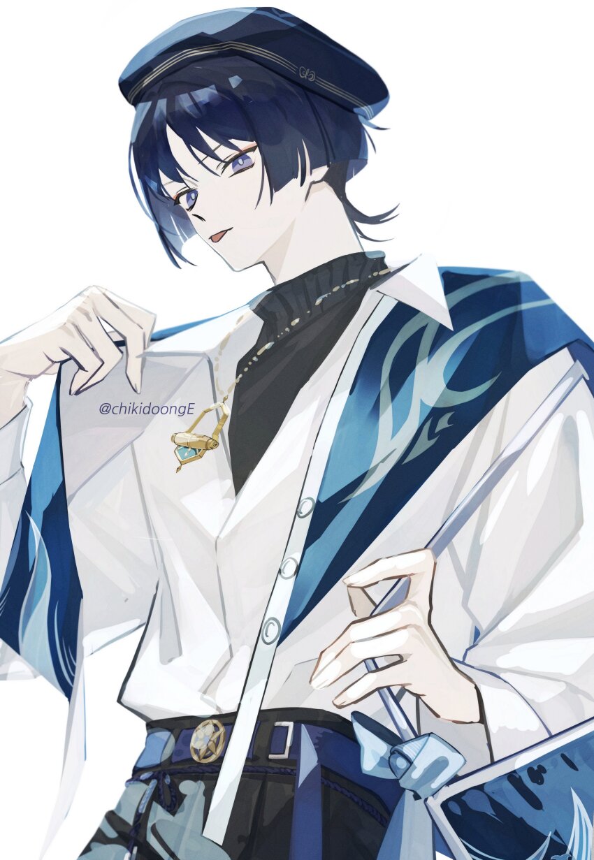 1boy absurdres alternate_costume bag belt beret black_hat black_undershirt blue_bag blue_belt blue_hair blunt_ends bright_pupils chikidoong collared_shirt genshin_impact gold_trim hat highres holding_shawl jewelry long_sleeves male_focus official_alternate_costume pendant purple_eyes ribbed_collar scaramouche_(genshin_impact) shawl shirt shoulder_bag solo three_quarter_view tongue tongue_out twitter_username wanderer_(genshin_impact) wanderer_(wanderer_impression)_(genshin_impact) white_background white_pupils white_shirt white_sleeves wing_collar