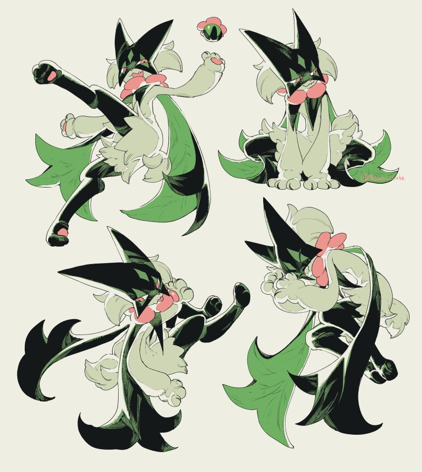 :d absurdres closed_eyes closed_mouth full_body furry green_fur highres meowscarada multiple_views newo_(shinra-p) nintendo open_mouth pink_eyes pokemon pokemon_(creature) pokemon_focus sleeping smile tongue tongue_out twitter_username