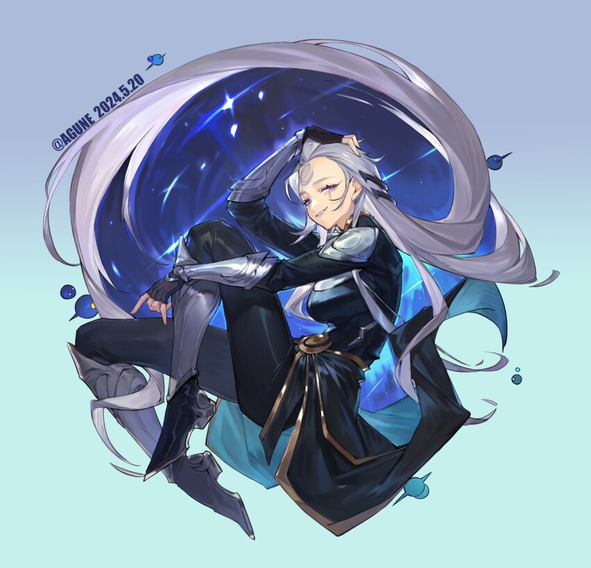 1girl agune_p artist_name black_footwear black_gloves black_pants crescent crescent_facial_mark dated diana_(league_of_legends) facial_mark fingerless_gloves forehead_mark forehead_tattoo full_body gloves gradient_background hair_slicked_back hand_on_own_head highres league_of_legends long_hair makeup pants purple_eyes simple_background smile solo white_hair