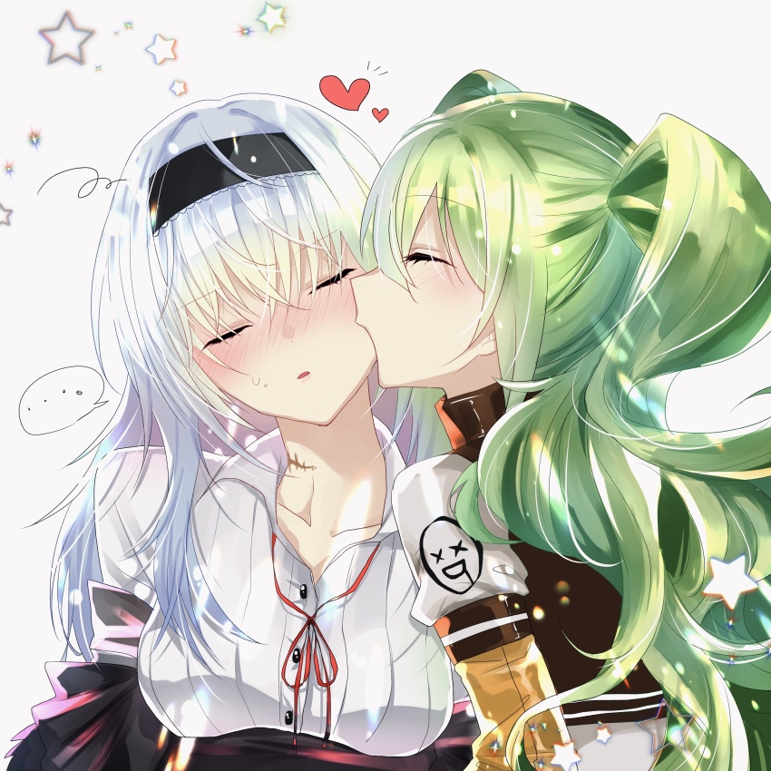 ... ^_^ absurdres black_hairband black_jacket blush closed_eyes collarbone commentary_request couple girls&#039;_frontline green_hair hairband head_tilt heart highres jacket kiss kissing_cheek light_frown long_hair loose_neck_ribbon m950a_(girls&#039;_frontline) nadeshiko_(forever-5stars) neck_ribbon nose_blush notice_lines off_shoulder portrait profile red_ribbon ribbed_shirt ribbon scar scar_on_neck shirt sidelocks simple_background spoken_ellipsis squiggle star_(symbol) star_symbol_background sweatdrop thunder_(girls&#039;_frontline) turtleneck twintails u_u underbust white_background white_hair white_shirt yuri
