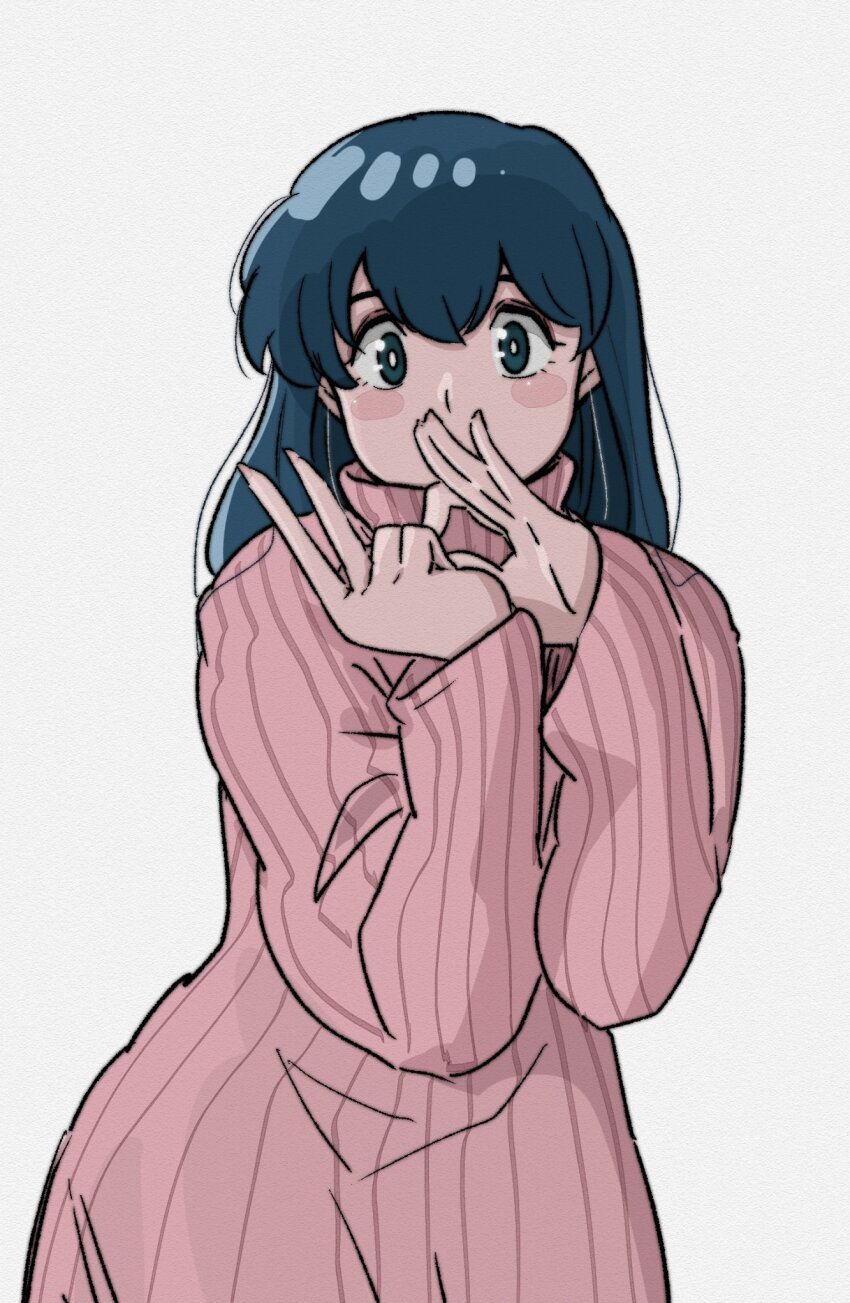 1girl blue_eyes blue_hair blush counting highres maison_ikkoku otonashi_kyouko pink_sweater poppowerhearts simple_background solo sweater white_background