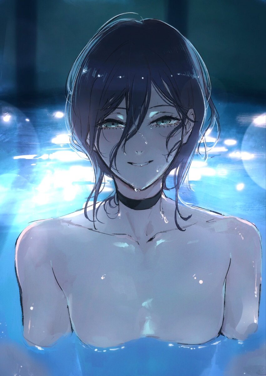 1girl black_choker black_hair breasts chainsaw_man choker green_eyes hair_between_eyes highres looking_at_viewer moku_(muooku) partially_submerged pool reze_(chainsaw_man) small_breasts solo wet wet_hair