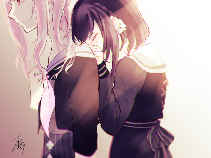1girl 1other akiyama_mizuki back_ribbon black_hair black_jacket black_ribbon black_shirt black_skirt black_vest braid closed_eyes commentary_request cowboy_shot cross-laced_vest crown_braid crying eyelashes grey_shirt hand_on_another&#039;s_shoulder hand_on_own_chest head_on_another&#039;s_shoulder jacket light_rays long_hair long_sleeves looking_ahead maonokiuro neckerchief open_clothes open_jacket other_with_female parted_lips pink_eyes pink_hair pink_neckerchief pointy_nose project_sekai ribbon sad sailor_collar school_uniform shinonome_ena shirt short_hair side_ponytail sidelocks signature skirt skirt_set standing striped_clothes striped_ribbon striped_skirt sunlight vertical-striped_clothes vertical-striped_skirt vest wavy_hair white_sailor_collar