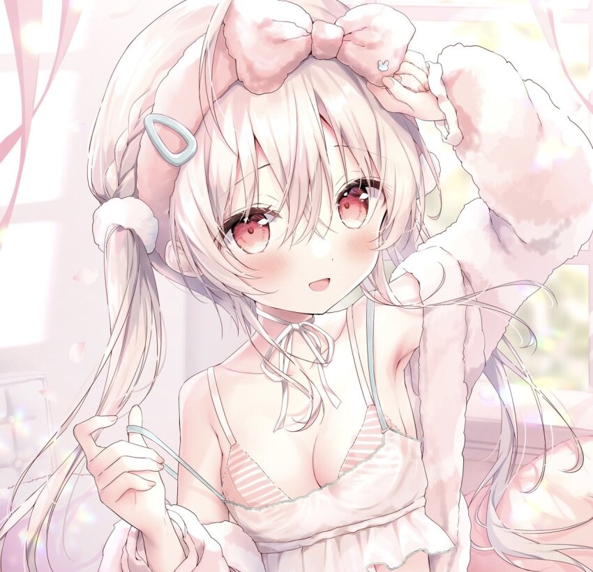 1girl :d amedamacon arm_up bare_shoulders blurry blurry_background blush bow braid breasts collarbone commentary_request day depth_of_field fur-trimmed_jacket fur_trim grey_hair hair_between_eyes hairband highres indoors jacket long_hair long_sleeves looking_at_viewer low_twintails nail_polish off_shoulder open_clothes open_jacket open_mouth original pink_bow pink_hairband pink_nails puffy_long_sleeves puffy_sleeves red_eyes sleeves_past_wrists small_breasts smile solo strap_pull twintails upper_body very_long_hair white_jacket window