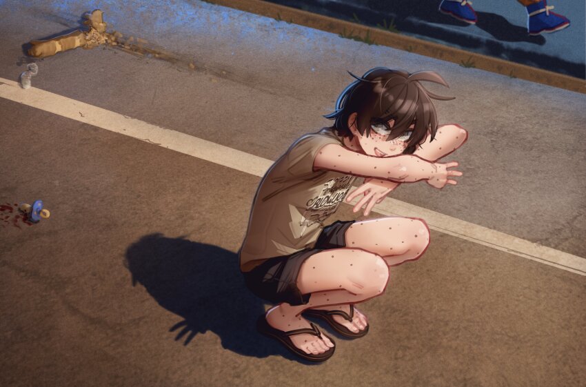 1girl :d absurdres ahoge black_hair black_shorts body_freckles brown_shirt cat_baguette_(popopoka) cat_shadow_puppet_(meme) condom food freckles highres meme open_mouth original outdoors popopoka sandals shirt short_hair shorts smile solo_focus son_goku sophie_(popopoka) squatting