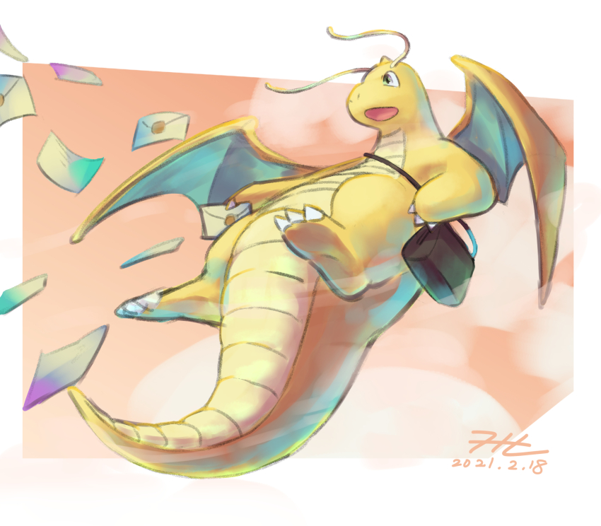 antennae bag commentary_request dated dragon_wings dragonite full_body gen_1_pokemon highres holding holding_letter letter looking_ahead nintendo no_humans null_suke open_mouth pokemon pokemon_(creature) shoulder_bag signature wings