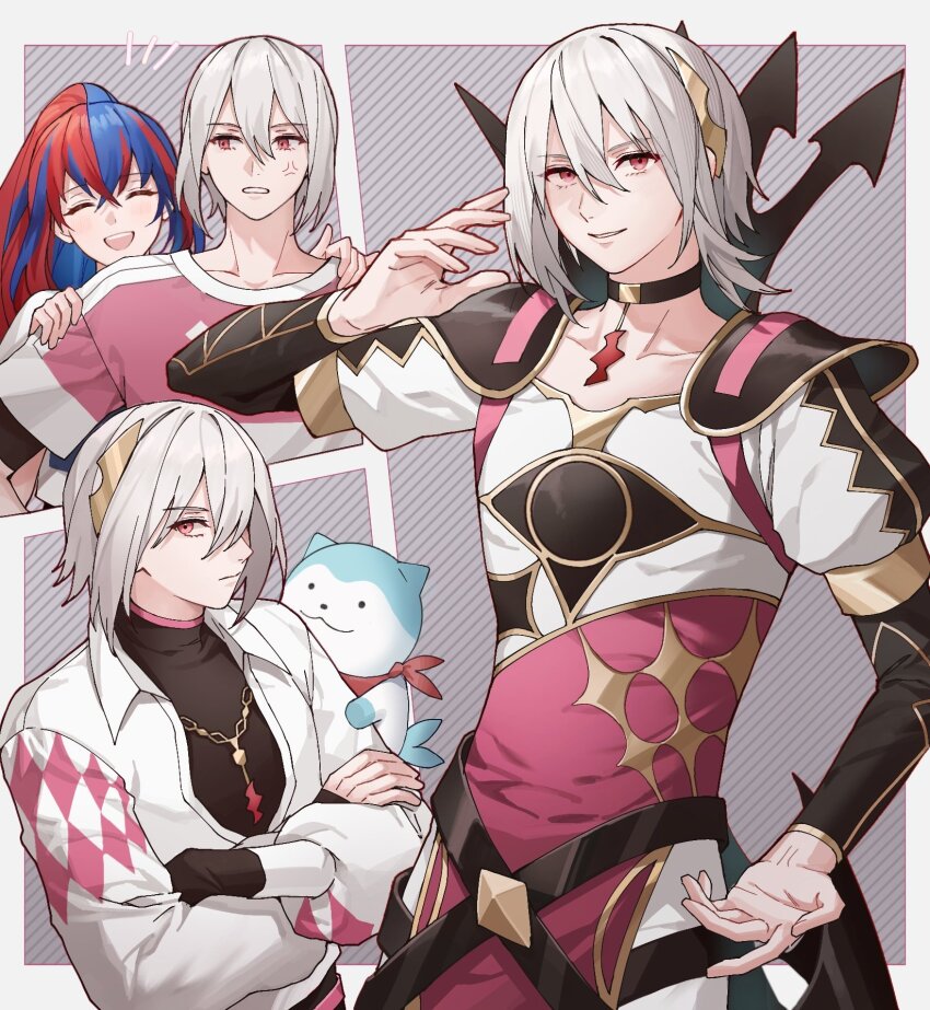 ai_tkkm alear_(female)_(fire_emblem) androgynous armor black_armor choker couple eye_contact fire_emblem fire_emblem_engage frown hair_ornament highres looking_at_another multicolored_hair nintendo ponytail rafal_(fire_emblem) shirt shoulder_armor simple_background smile split-color_hair white_hair white_shirt