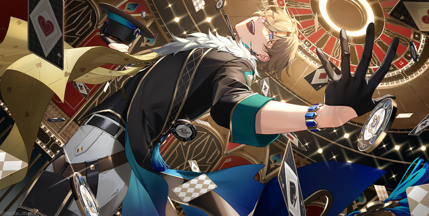 1boy :d ace_(playing_card) ace_of_spades artist_name aventurine_(honkai:_star_rail) belt black_belt black_gloves black_hat black_jacket black_vest blonde_hair blue_eyes bracelet card club_(shape) coattails commentary cowboy_shot diamond_(shape) earrings english_commentary fedora floating_card fur-trimmed_jacket fur_trim gloves gold_trim hair_between_eyes half_gloves hat heart holding holding_unworn_clothes holding_unworn_hat honkai:_star_rail honkai_(series) indoors jack_(playing_card) jack_of_hearts jacket jewelry light_particles long_sleeves looking_at_viewer looking_back male_focus multicolored_eyes open_clothes open_jacket open_mouth outstretched_arms pants parted_bangs playing_card poker_chip poker_table pouch purple_eyes short_hair sleeves_rolled_up smile solo spade_(shape) spread_arms standing table tassel teeth thigh_pouch thigh_strap tsuika_63no twitter_username unworn_hat unworn_headwear upper_teeth_only vest white_pants