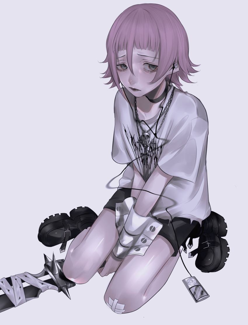 absurdres bags_under_eyes between_legs black_choker black_shoes black_shorts chain chain_necklace choker commentary crona_(soul_eater) digital_media_player earbuds earphones full_body gauze_on_knee grey_background grey_eyes hair_between_eyes hand_between_legs highres ipod jewelry mano_aaa necklace pink_hair ringed_eyes seiza shirt shoes short_hair short_sleeves shorts simple_background sitting skull_necklace solo soul_eater sword t-shirt weapon white_shirt wrist_cuffs